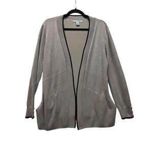 By Design Womens Open Front Cardigan Sweater Tan Black Trim Button Cuff Size M
